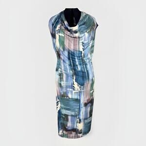 Anni Kuan Medium Ocean Jersey Dress Medium Abstract Art Draped Cowl Sleeveless